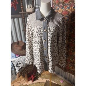 Leopard Print Button Down Shirt Corduroy Contrast Trim Womens Size S